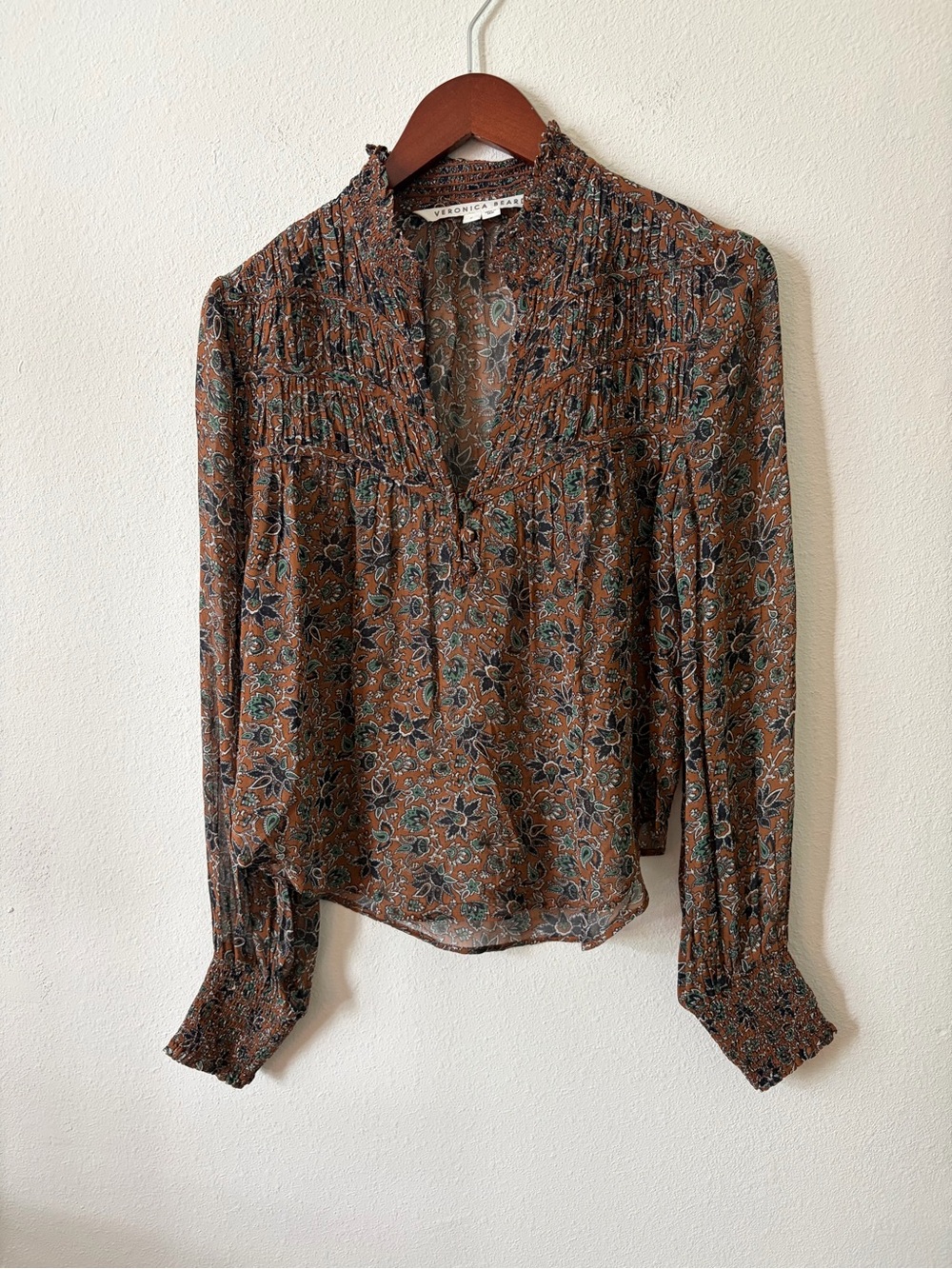 Veronica Beard Smocked Paisley Floral Blouse Rust/Brown Size 2